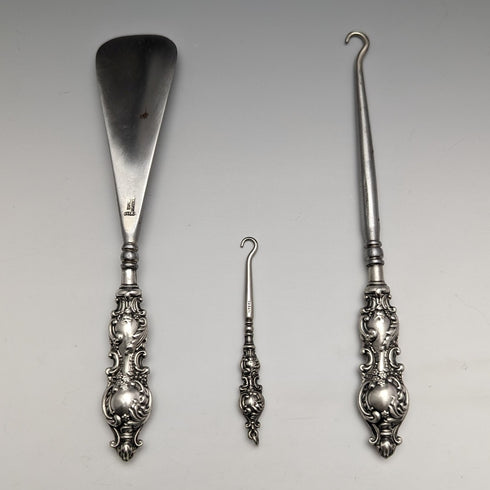 1912 British Antique Pure Silver Handle Shoehorn Button Hook x2 Set Adie & Lovekin